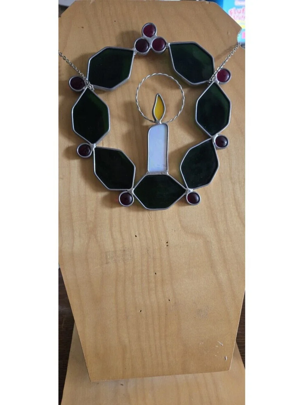 Vintage Stained Leaded Glass Christmas Holly Wreath & Candle Suncatcher 7X7
